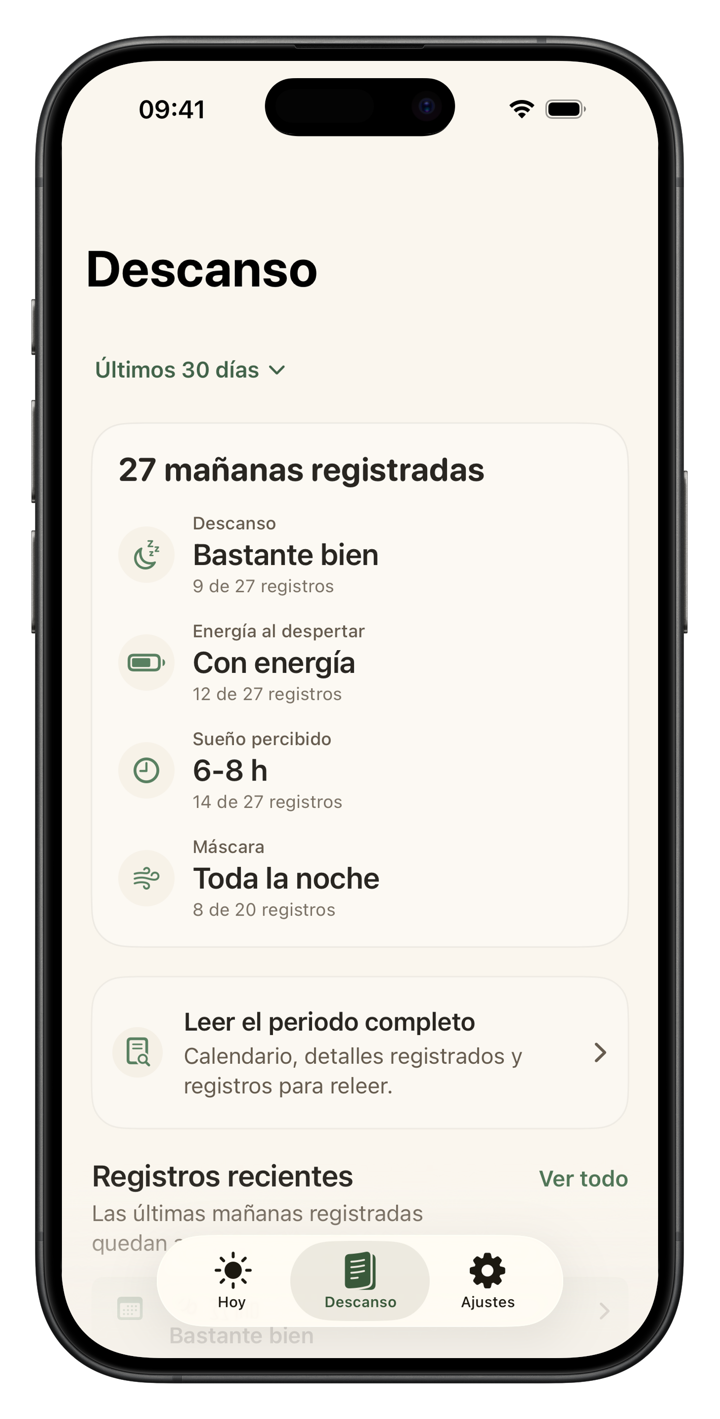 Pantalla de Descanso de Liroa con un resumen de 27 mañanas registradas y accesos al periodo completo y a los registros recientes.